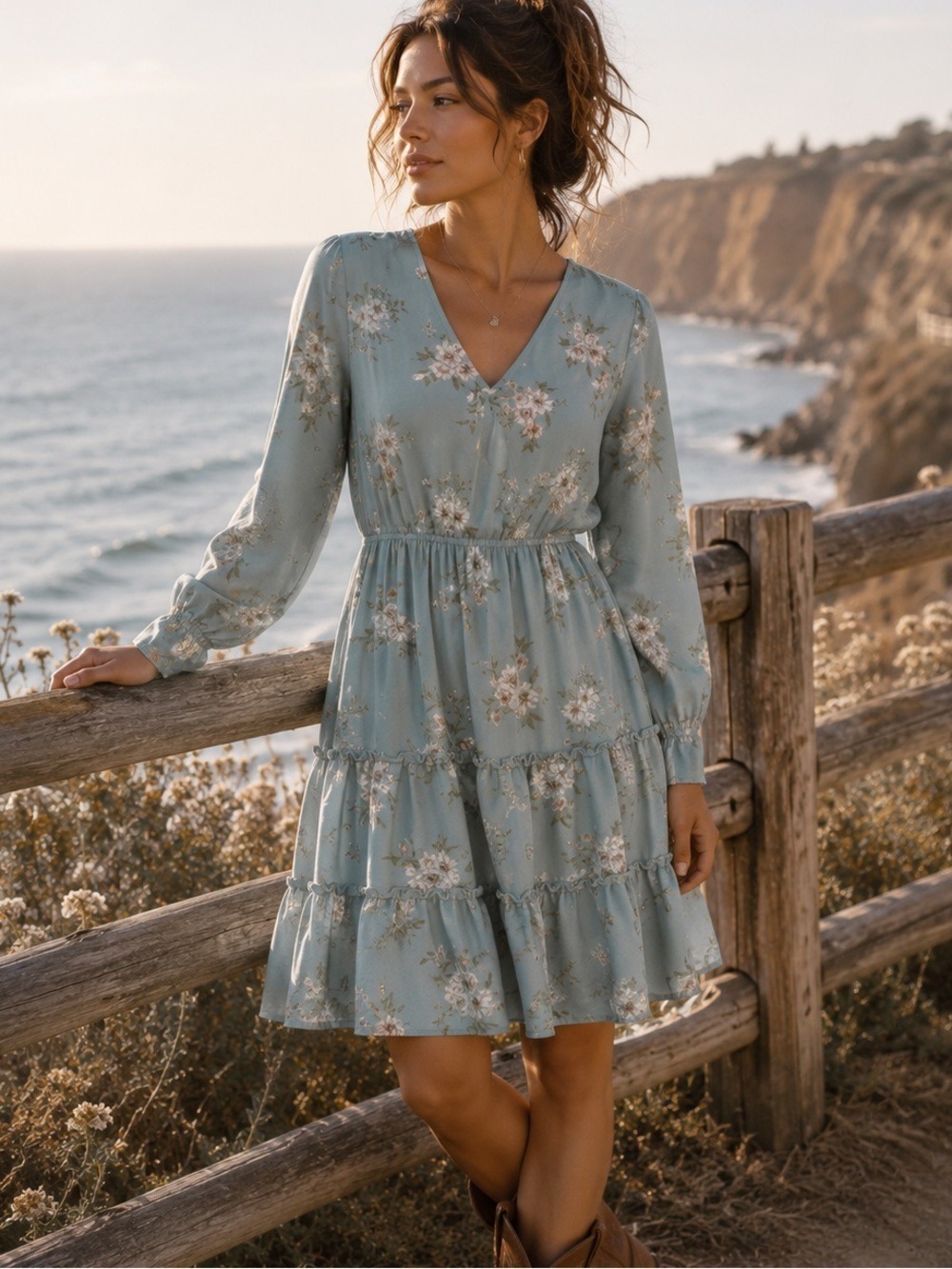 Inspired Hearts Sage Blue Floral Long Sleeve Tiered Dress